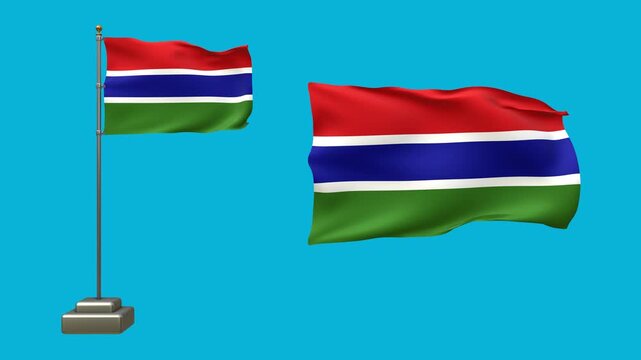 Vibrant display of Gambian flags waving softly against a bright blue background