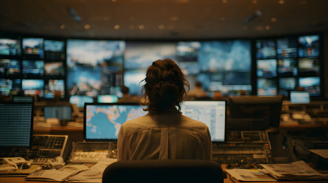 Newsroom editor at control desk monitoring multiple screens with global map and breaking news coverage, focused late night media operation