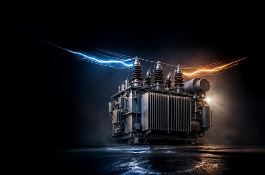 Cinematic 3D render of industrial high-voltage power transformer with blue and orange electric arcs on dark background, energy infrastructure concept with dramatic lighting.