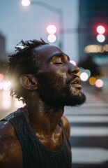 Sweaty African American man runner breathing with eyes closed at night