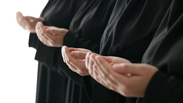 A group of individuals, clad in modest, dark garments, stand in a serene line, their hands gently cupped upwards in a gesture of profound prayer or earnest supplication. The minimalist white backgroun