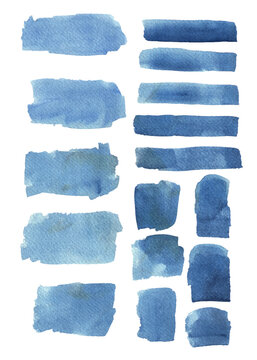 Big set of vector blue brush strokes.Watercolor texture splatters. Grunge rectangle text boxes. Frames for text or quote.	

