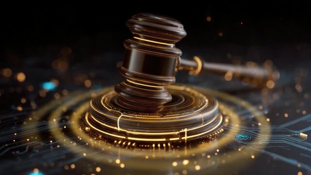 Justice in the Digital Age: A symbolic gavel rests upon a glowing circuit board, representing law and order in the realm of technology and information. 