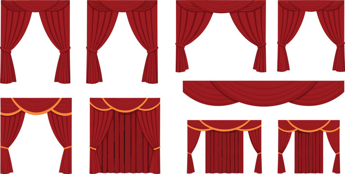 Red theater stage curtains set with pelmet valance drapery styles isolated vector illustration