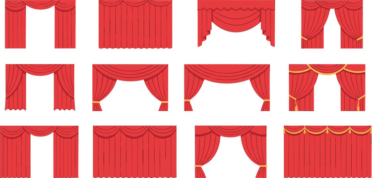 Red theater stage curtains set with different drapery styles isolated cartoon vector illustration