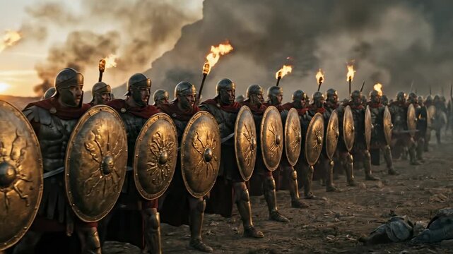 Soldiers Standing In Ancient Shield Wall Formation During Battle