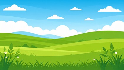 Obraz premium Vibrant green rice field landscape with blue sky and fluffy clouds summer nature
