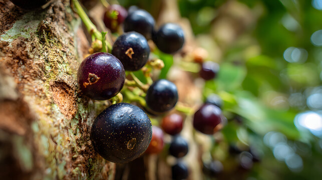Jabuticaba fruit growing on trunk with glossy dark purple berries and green foliage, close up showing texture and natural sunlight
