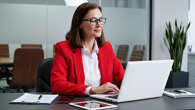 Smiling successful executive businesswoman working on a laptop computer in a modern corporate office typing emails and managing business documents