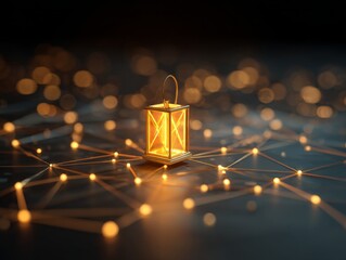 Glowing lantern illuminating network connections in dark space