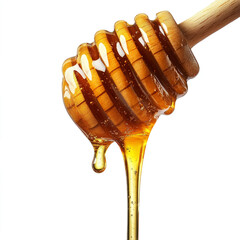 honey dripping from a wooden honey dipper, isolated on a transparent background ,clipping path, 