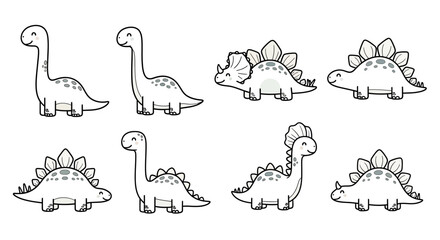 A charming collection of eight hand-drawn cartoon dinosaurs, featuring a variety of species like Brontosaurus, Triceratops, and Stegosaurus, presented in a simple black and white line art style. © Kael