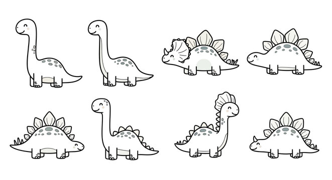 A charming collection of eight hand-drawn cartoon dinosaurs, featuring a variety of species like Brontosaurus, Triceratops, and Stegosaurus, presented in a simple black and white line art style.