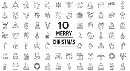 A comprehensive collection of 60 unique line art icons representing various Christmas symbols and festive elements, perfect for holiday-themed designs. © Kael