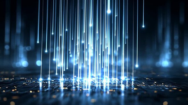 Glowing blue lines fall from darkness onto a grid with scattered lights.