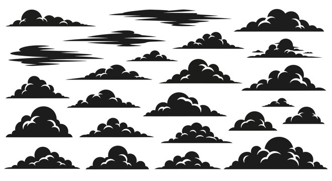Collection of stylized black and white cloud illustrations, showcasing various shapes and forms of cumulus and stratus clouds.