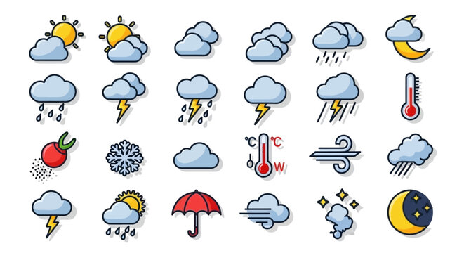 A comprehensive set of colorful weather icons illustrating various atmospheric conditions and forecasts.