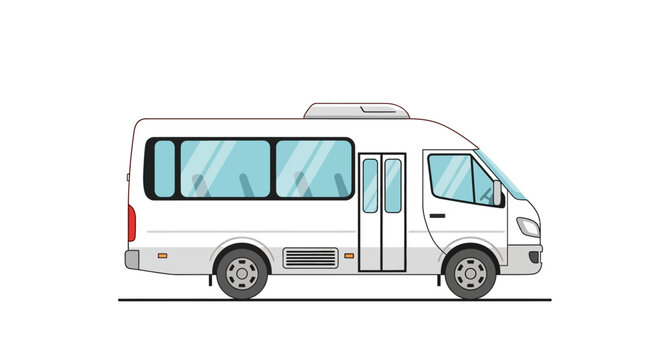 A clean white minibus with blue tinted windows, depicted in a side profile view, ready for passenger transport services.