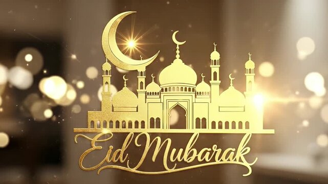 A radiant golden graphic elegantly features a stylized silhouette of a majestic mosque, beautifully crowned by a crescent moon and a glistening star. The shimmering golden script below conveys a festi