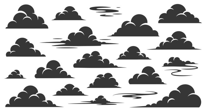 A collection of diverse dark cloud illustrations, showcasing various shapes and sizes against a white background.