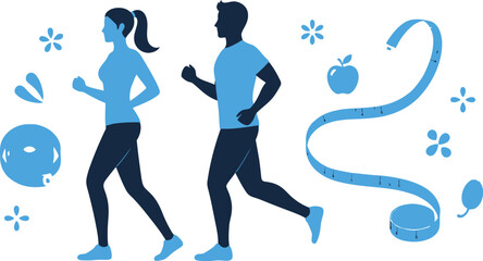 Healthy couple jogging together in fitness routine with wellness icons