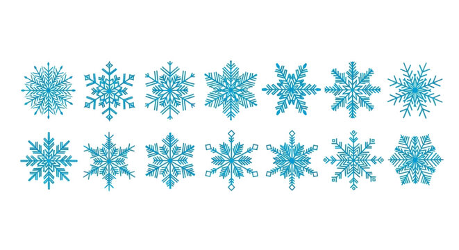 A collection of intricate blue snowflake designs, showcasing various unique patterns and crystalline structures, perfect for winter and holiday themes.