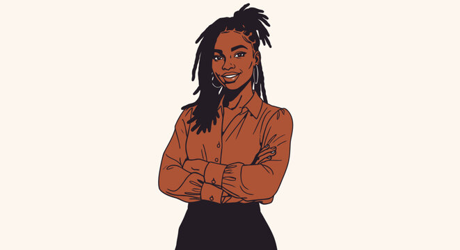 Illustration of a confident young Black woman with dreadlocks, wearing a brown shirt and black skirt, smiling with arms crossed.