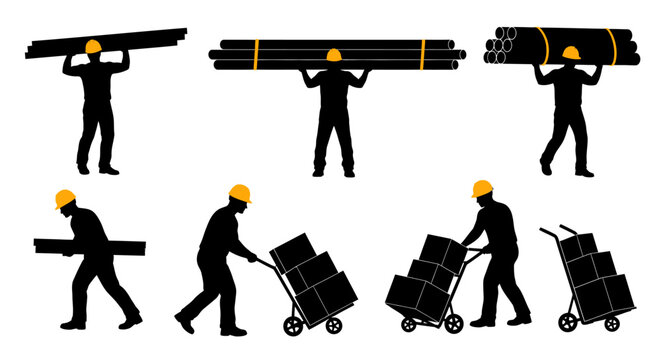 Silhouettes of workers in hard hats performing various manual labor tasks, including carrying planks, pipes, and moving boxes with hand trucks.