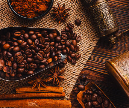 Aromatic coffee setup from above