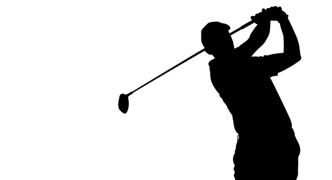 Golfer swinging club in silhouette against white background
