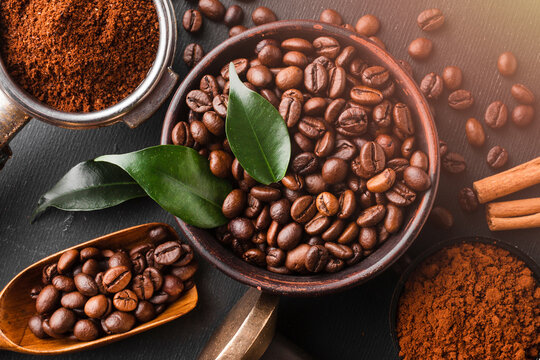 Aromatic coffee beans and accessories top view