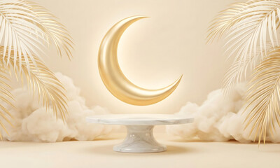 3D Golden Crescent Moon and Marble Podium with Palm Leaves and Clouds for Luxury Ramadan Product Display