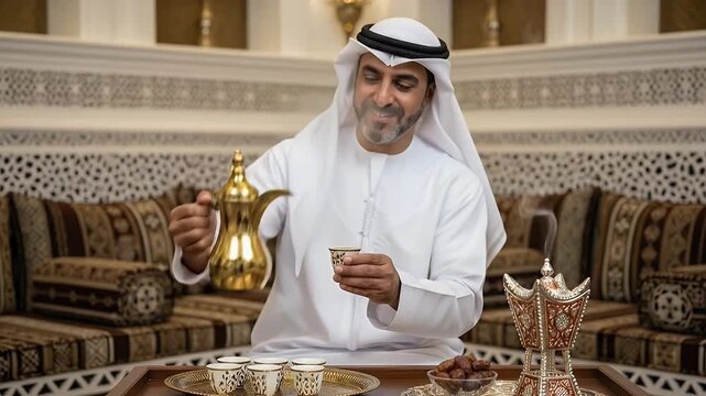 A smiling man in traditional white attire is pouring aromatic Arabic coffee from a golden Dallah into a small cup, demonstrating traditional hospitality and warmth. The elegant setting features ornate