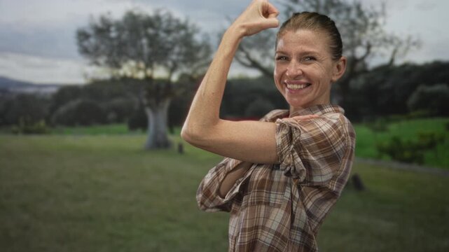 Woman flexes arm and smiles broadly in a forest field facing camera, plaid shirt sleeves rolled up showing freckled skin; confidence resilience vitality.
