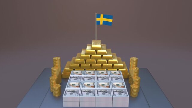 Swedish flag waving on top of gold bar pyramid and stacks of dollar bills. 3D animation