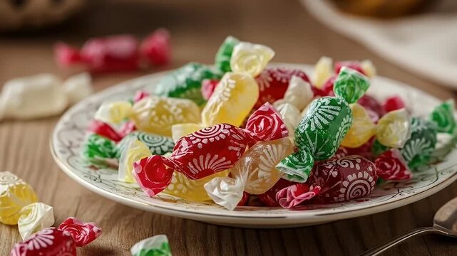 A vibrant close-up shot captures a delightful assortment of brightly colored, individually wrapped hard candies piled high on a decorative white plate. The translucent wrappers gleam, revealing a char