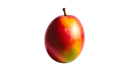 A vibrant, ripe tropical fruit, oval-shaped with a gradient of red, orange, and green skin, isolated on black. The stem is intact
