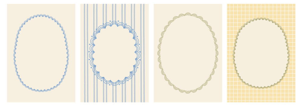Vintage hand drawn scalloped frame background templates with pastel stripes and grid patterns. Soft retro decorative borders for invitations, stationery, branding, spring design. Vector illustration.