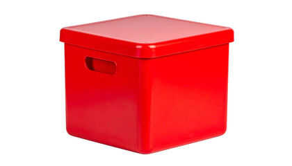 A vibrant, square red storage container with a lid and cutout handles, isolated on a stark black background. Simple, minimalist design