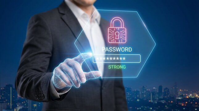 A businessman interacts with a glowing hexagonal interface displaying a password prompt security lock and strength indicator over a city high quality