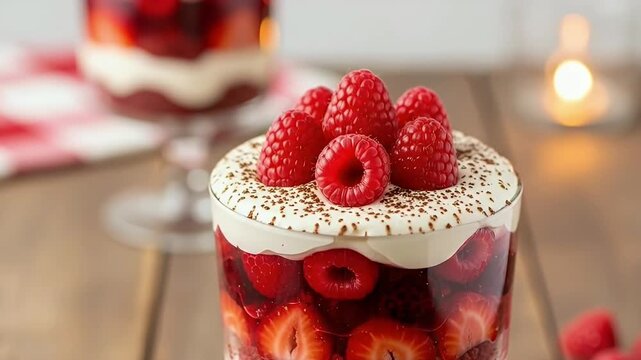 A visually appealing, decadent layered dessert is beautifully presented in a clear glass, showcasing vibrant red raspberries and sliced strawberries nestled amongst creamy white layers and rich red ca