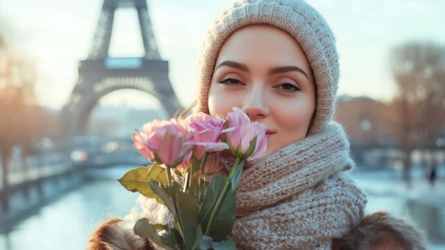 Woman enjoying the scent of flowers near the Eiffel Tower at sunset in Paris, Attractive woman smelling flowers in front of the Eiffel Tower in Paris