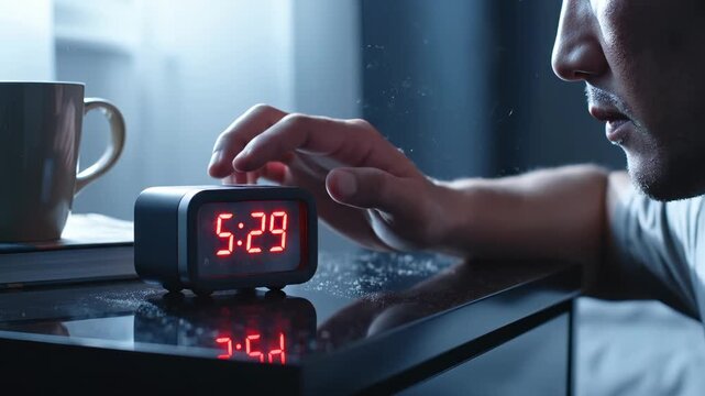 Tired man wakes to alarm clock in early morning. Sad man feels stress from insomnia. This tired man struggles with a hard morning. His clock shows the early time. He has stress from lack of sleep.