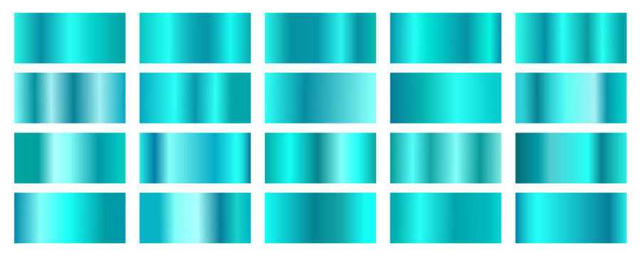 Set of rectangular swatches with various metallic gradients in vibrant shades of cyan, turquoise, and teal with realistic light reflections