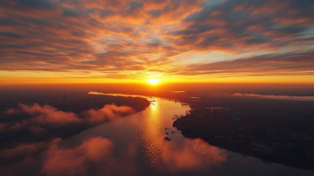Stunning sunrise over London city and River Thames with vibrant clouds, Aerial view sunrise over London city River Thames