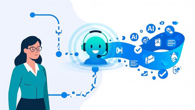 Illustration of a woman interacting with an AI-powered customer service avatar, connected to a stream of business and technology icons representing data, automation, and support.