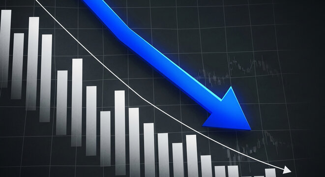 Graphical representation of declining gray bar chart overlaid by a blue arrow pointing downward, symbolizing economic recession or financial decrease