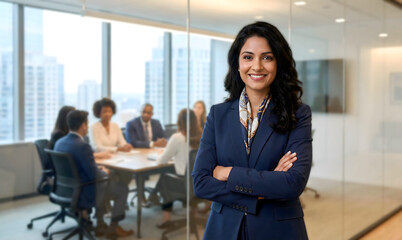 Confident Indian Businesswoman Portrait with Arms Crossed and Corporate Team Meeting in Background