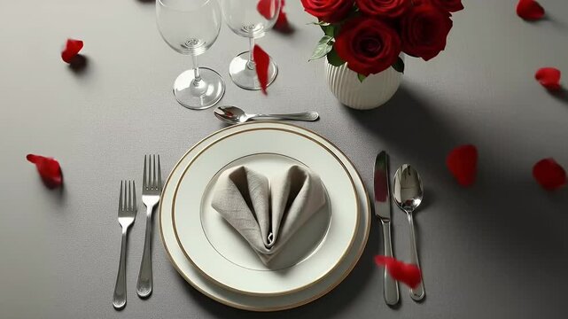An exquisite overhead shot captures a beautifully set table, meticulously prepared for a romantic or celebratory occasion. Two place settings feature elegant white plates with a subtle gold rim, polis