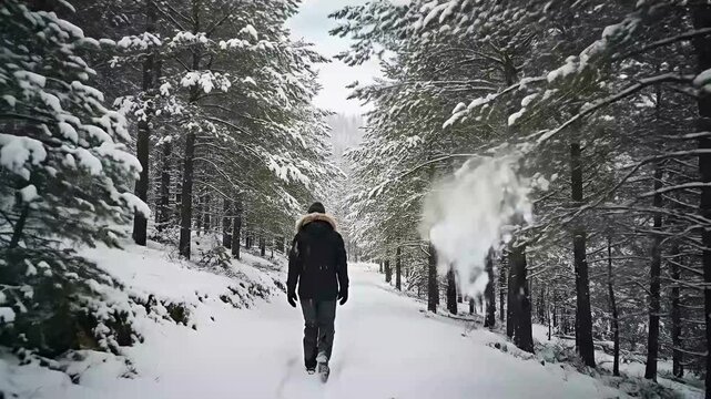 An individual bundled in winter attire walks along a pristine snow-covered path, surrounded by majestic pine trees heavily blanketed in fresh snow. This tranquil winter wonderland scene evokes feeling